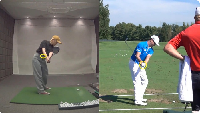 練習のチェックポイント:テイクバックの時の手が通る位置はベルトのバックル(プロと比較)