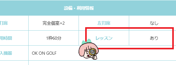 シミュレーションゴルフ練習場の表の「レッスン」の項目